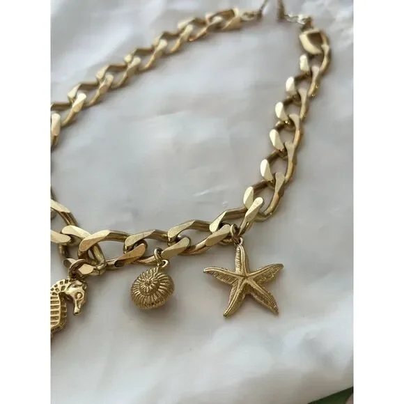 CHRISTIAN DIOR Necklace Seashell Shell Starfish Seahorse Chunky Gold Tone - Picture 12 of 15